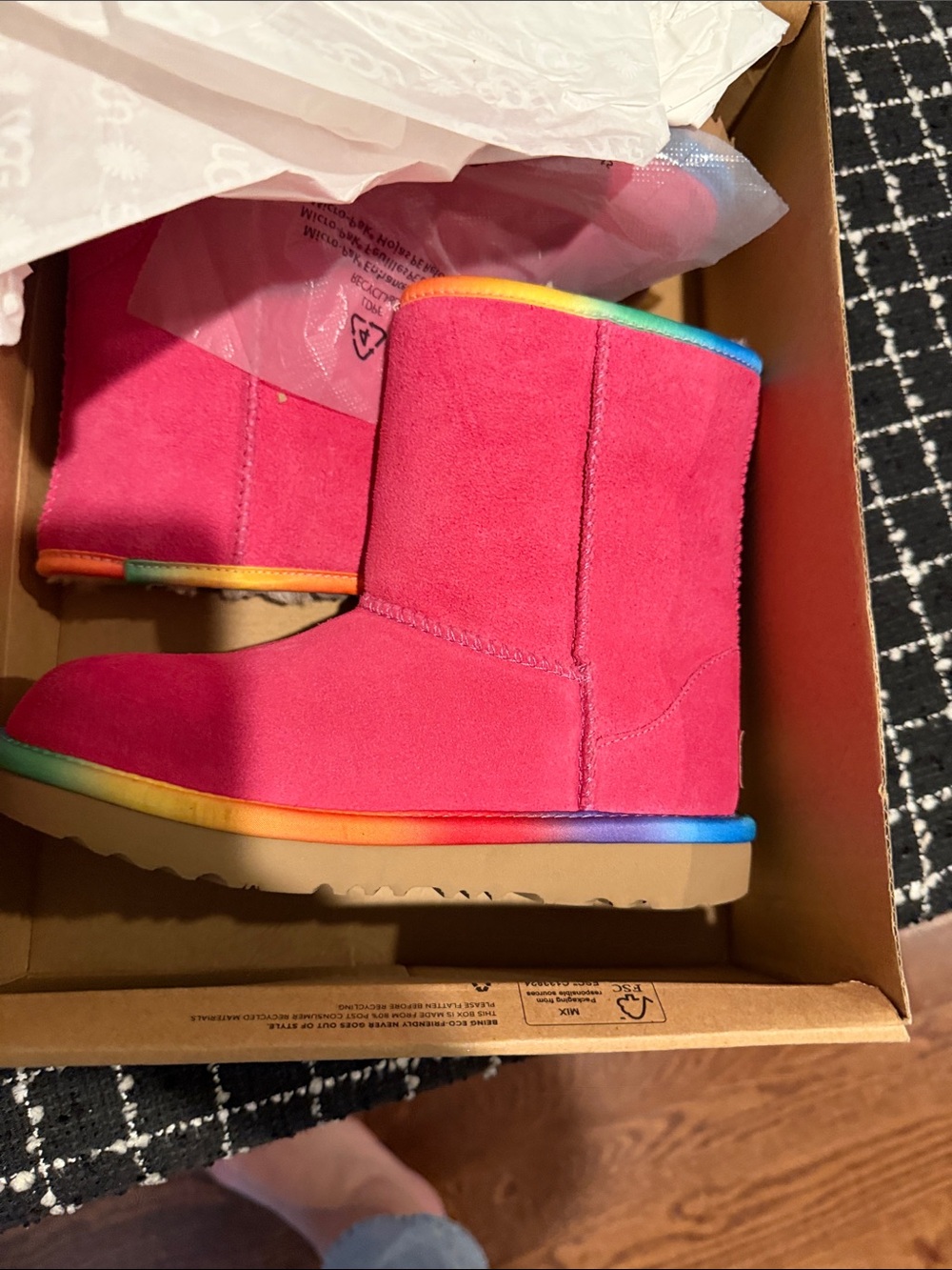 UGG Kids Hot Pink Suede Boots with Rainbow Trim